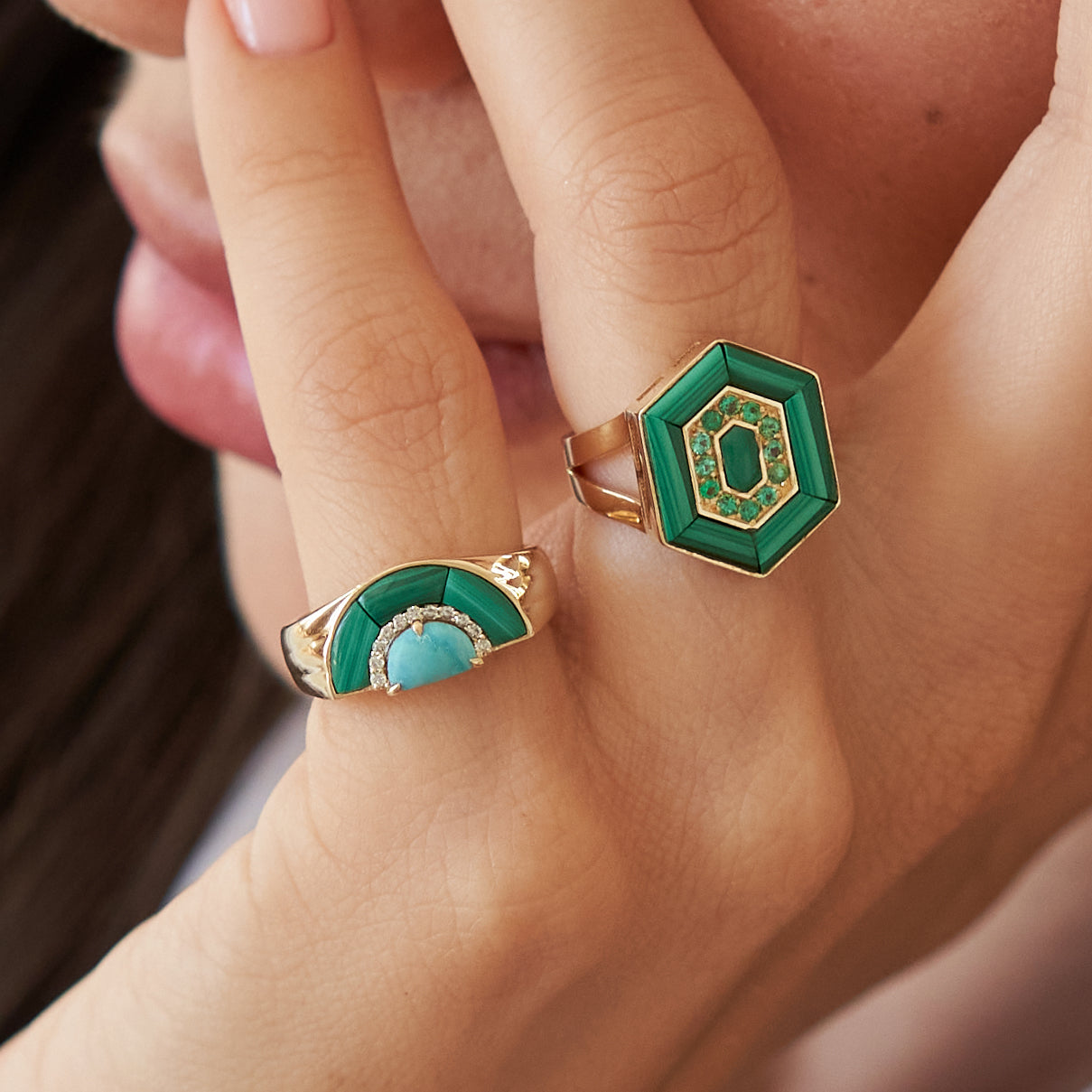 HEDS Hexagon Ring – Malachite & Diamond