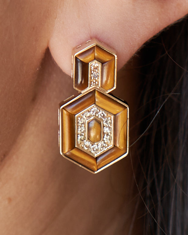 HEDS Hexagon Earrings – Brown Tiger's Eye & Diamond