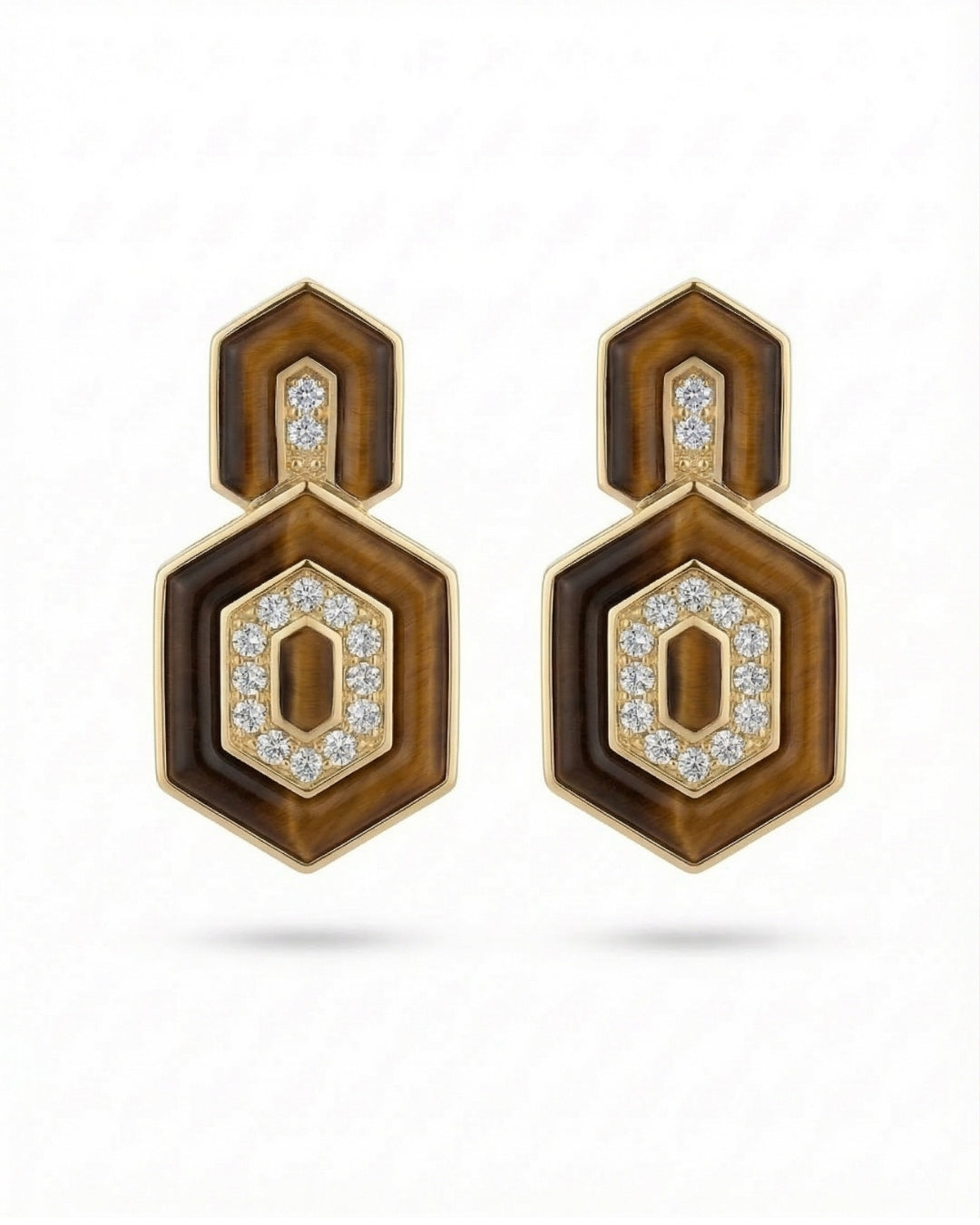 HEDS Hexagon Earrings – Brown Tiger's Eye & Diamond