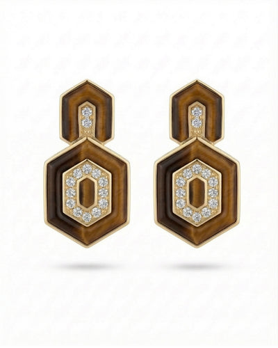 HEDS Hexagon Earrings – Brown Tiger's Eye & Diamond