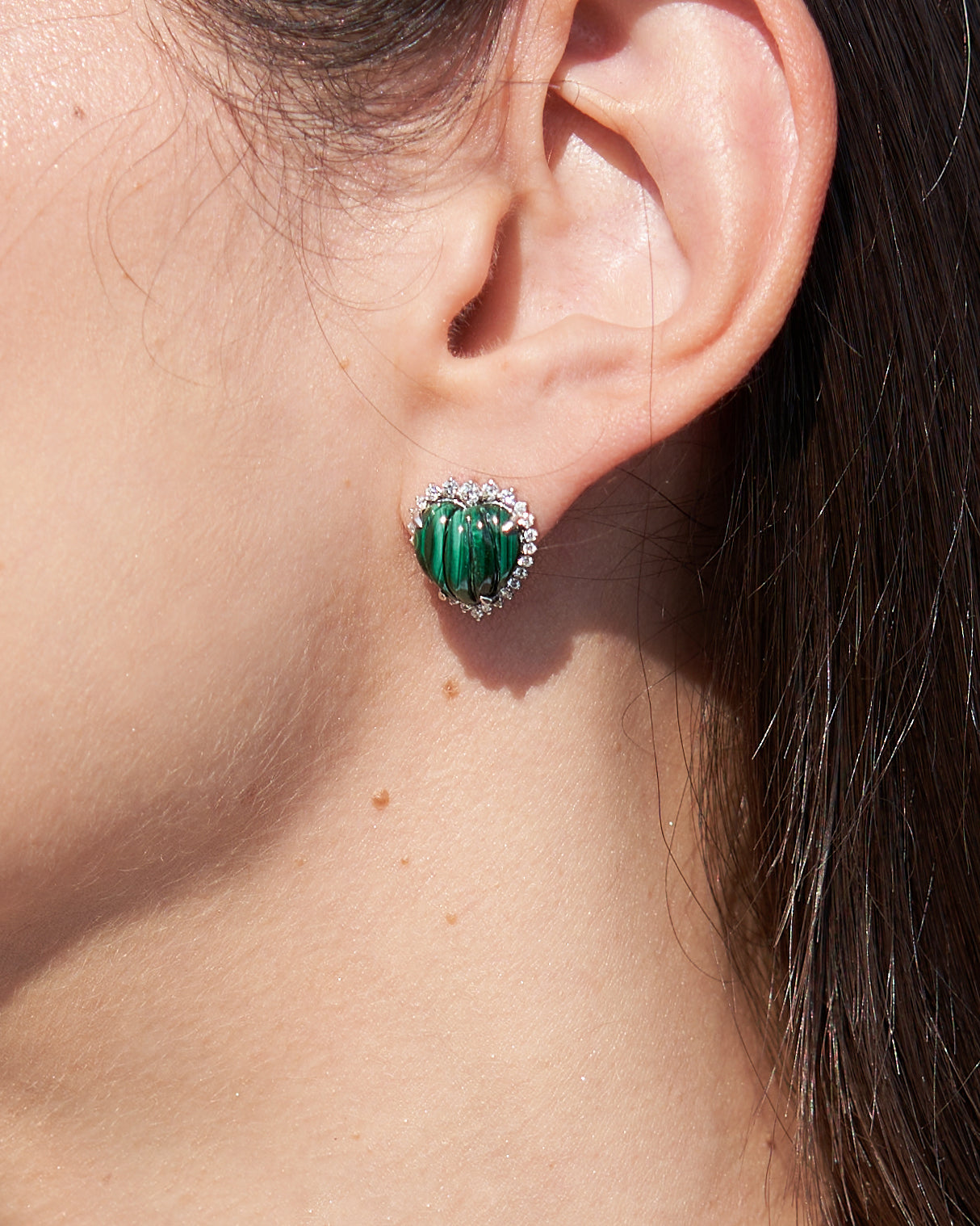 Purity Earrings  Banded Malachite Cabochon & Diamond