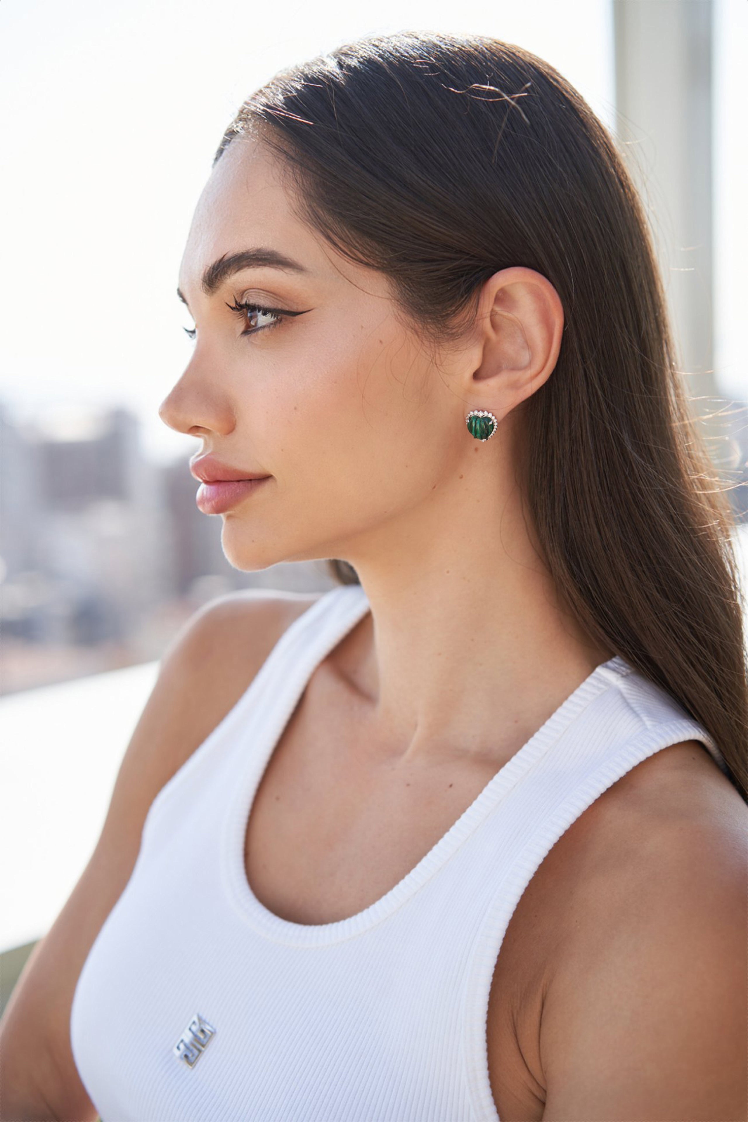 Purity Earrings  Banded Malachite Cabochon & Diamond