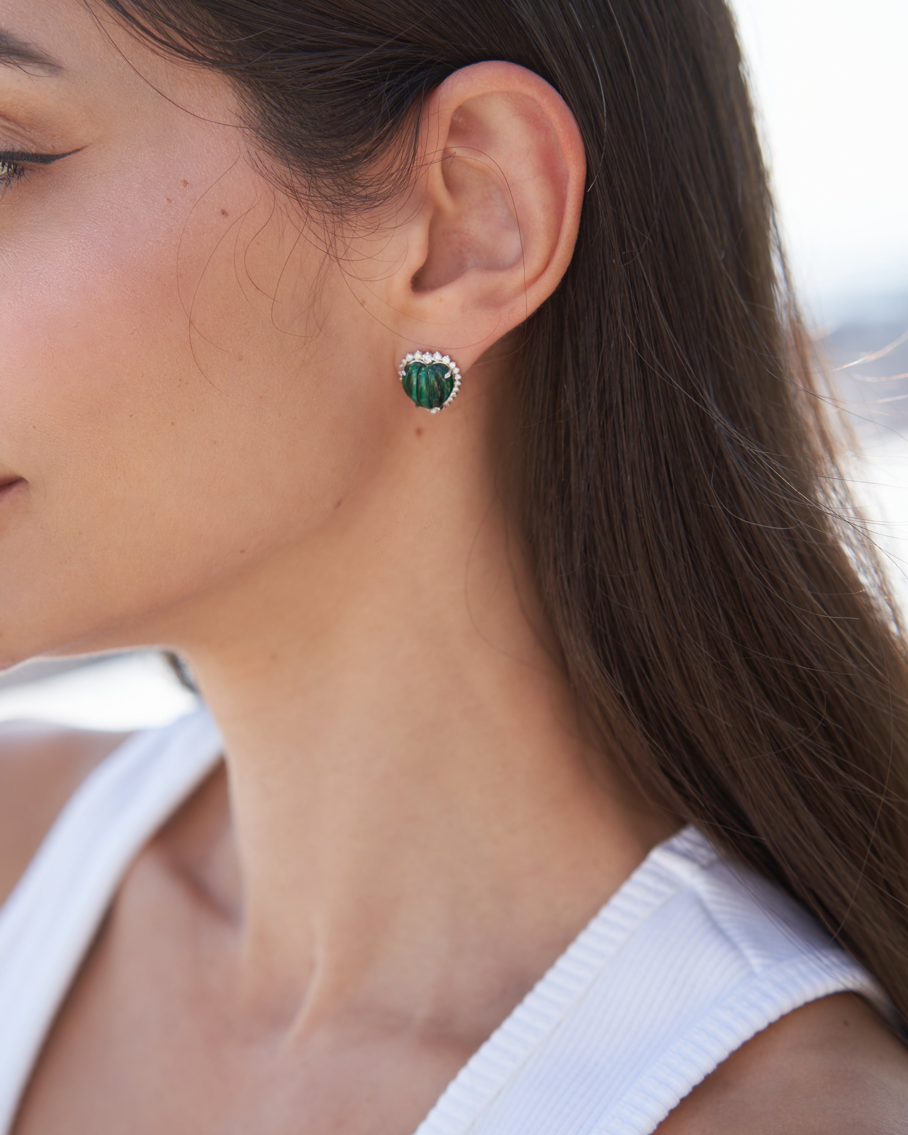 Purity Earrings  Banded Malachite Cabochon & Diamond